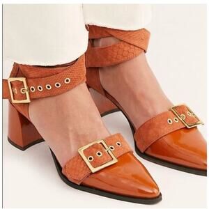 Free People Rust Suede Patent Ankle Wrap Heels Size 36 US 6 Buckle Pointed Toe